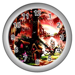 Fantasy Art Story Lodge Girl Rabbits Flowers Wall Clocks (silver) 