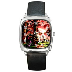 Fantasy Art Story Lodge Girl Rabbits Flowers Square Metal Watch by Sapixe