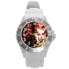 Fantasy Art Story Lodge Girl Rabbits Flowers Round Plastic Sport Watch (l) by Sapixe