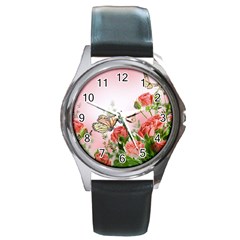 Flora Butterfly Roses Round Metal Watch by Sapixe