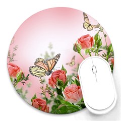 Flora Butterfly Roses Round Mousepads by Sapixe