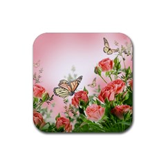 Flora Butterfly Roses Rubber Coaster (square)  by Sapixe