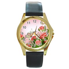 Flora Butterfly Roses Round Gold Metal Watch by Sapixe