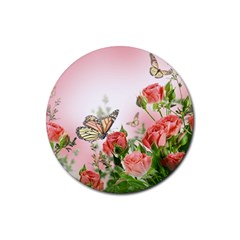 Flora Butterfly Roses Rubber Round Coaster (4 Pack)  by Sapixe