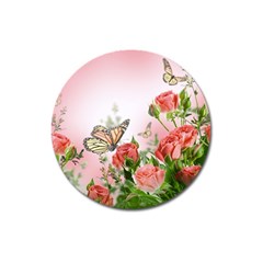 Flora Butterfly Roses Magnet 3  (round) by Sapixe