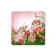 Flora Butterfly Roses Square Magnet by Sapixe