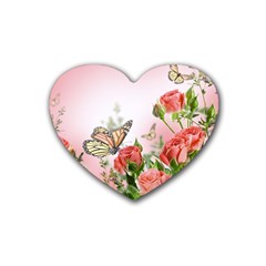 Flora Butterfly Roses Rubber Coaster (heart)  by Sapixe