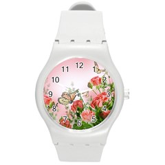 Flora Butterfly Roses Round Plastic Sport Watch (m) by Sapixe