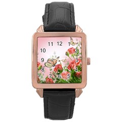 Flora Butterfly Roses Rose Gold Leather Watch  by Sapixe