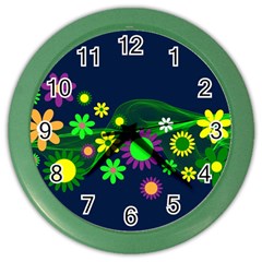 Flower Power Flowers Ornament Color Wall Clocks by Sapixe