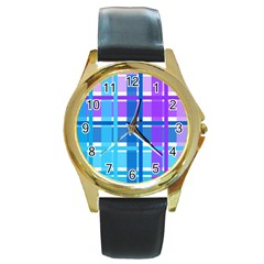 Gingham Pattern Blue Purple Shades Round Gold Metal Watch by Sapixe