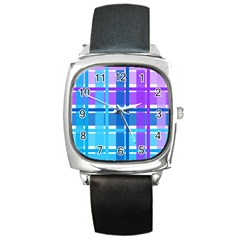 Gingham Pattern Blue Purple Shades Square Metal Watch by Sapixe