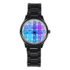 Gingham Pattern Blue Purple Shades Stainless Steel Round Watch