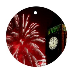 Fireworks Explode Behind The Houses Of Parliament And Big Ben On The River Thames During New Year’s Ornament (round) by Sapixe