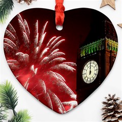 Fireworks Explode Behind The Houses Of Parliament And Big Ben On The River Thames During New Year’s Ornament (heart) by Sapixe