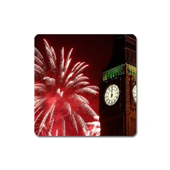 Fireworks Explode Behind The Houses Of Parliament And Big Ben On The River Thames During New Year’s Square Magnet by Sapixe