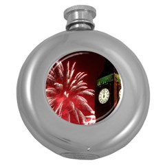 Fireworks Explode Behind The Houses Of Parliament And Big Ben On The River Thames During New Year’s Round Hip Flask (5 Oz) by Sapixe