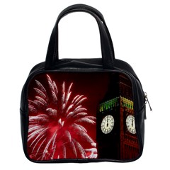 Fireworks Explode Behind The Houses Of Parliament And Big Ben On The River Thames During New Year’s Classic Handbags (2 Sides) by Sapixe