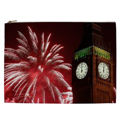 Fireworks Explode Behind The Houses Of Parliament And Big Ben On The River Thames During New Year’s Cosmetic Bag (xxl)  by Sapixe