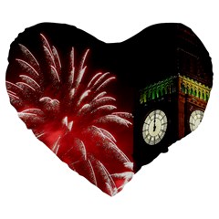 Fireworks Explode Behind The Houses Of Parliament And Big Ben On The River Thames During New Year’s Large 19  Premium Flano Heart Shape Cushions by Sapixe