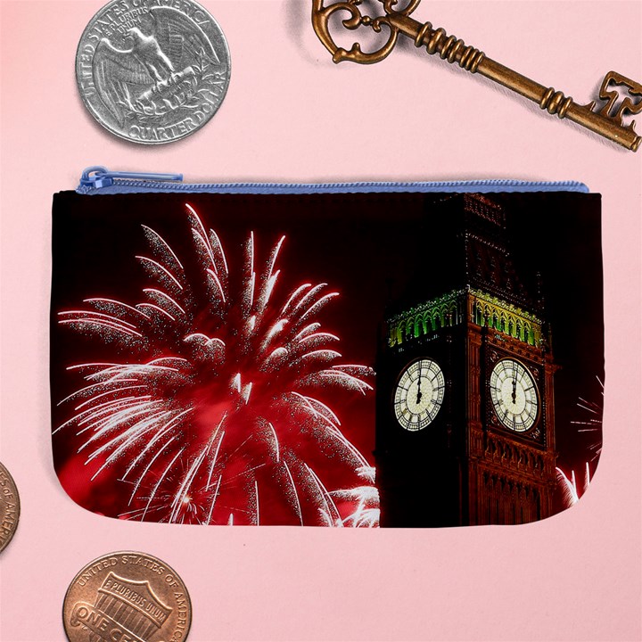 Fireworks Explode Behind The Houses Of Parliament And Big Ben On The River Thames During New Year’s Large Coin Purse