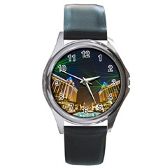 Galaxy Hotel Macau Cotai Laser Beams At Night Round Metal Watch by Sapixe