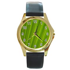 Green Leaf Pattern Plant Round Gold Metal Watch by Sapixe