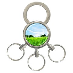 Green Landscape, Green Grass Close Up Blue Sky And White Clouds 3-Ring Key Chains