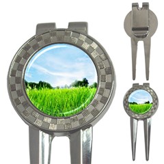 Green Landscape, Green Grass Close Up Blue Sky And White Clouds 3-in-1 Golf Divots