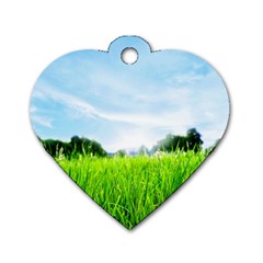 Green Landscape, Green Grass Close Up Blue Sky And White Clouds Dog Tag Heart (One Side)