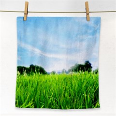 Green Landscape, Green Grass Close Up Blue Sky And White Clouds Face Towel