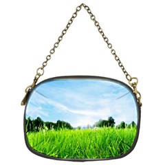 Green Landscape, Green Grass Close Up Blue Sky And White Clouds Chain Purses (One Side) 