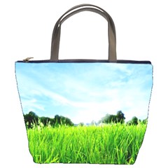 Green Landscape, Green Grass Close Up Blue Sky And White Clouds Bucket Bags