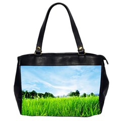 Green Landscape, Green Grass Close Up Blue Sky And White Clouds Office Handbags (2 Sides) 