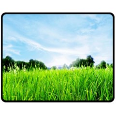 Green Landscape, Green Grass Close Up Blue Sky And White Clouds Fleece Blanket (Medium) 