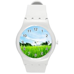 Green Landscape, Green Grass Close Up Blue Sky And White Clouds Round Plastic Sport Watch (M)