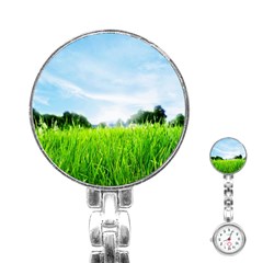 Green Landscape, Green Grass Close Up Blue Sky And White Clouds Stainless Steel Nurses Watch