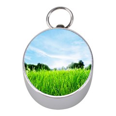 Green Landscape, Green Grass Close Up Blue Sky And White Clouds Mini Silver Compasses by Sapixe