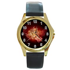 Wonderful Tiger With Flowers And Grunge Round Gold Metal Watch by FantasyWorld7