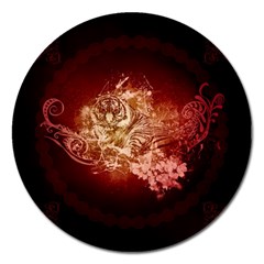 Wonderful Tiger With Flowers And Grunge Magnet 5  (round) by FantasyWorld7