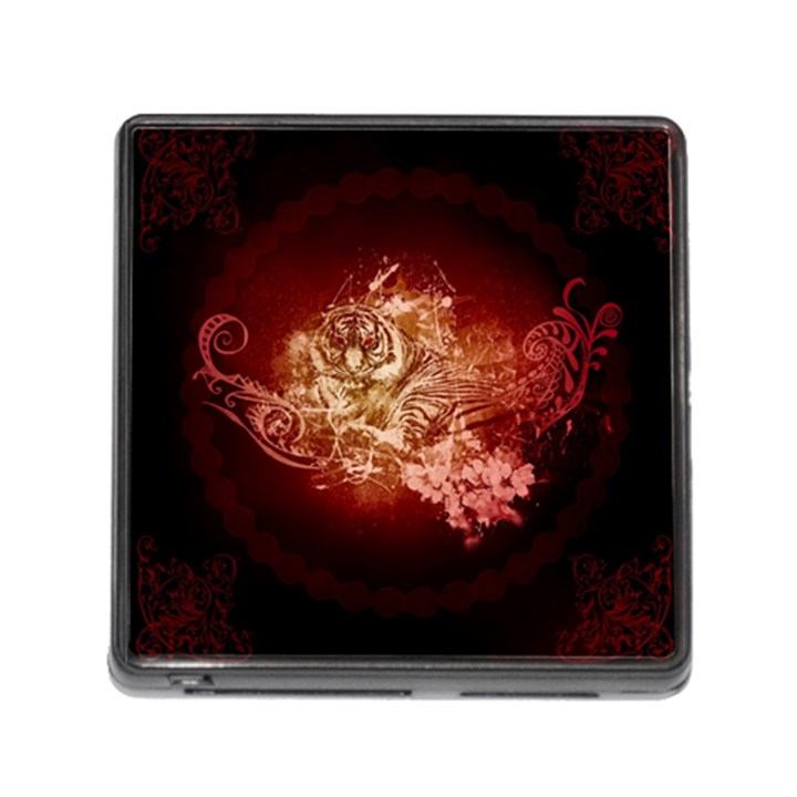 Wonderful Tiger With Flowers And Grunge Memory Card Reader (Square)