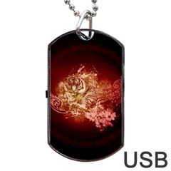 Wonderful Tiger With Flowers And Grunge Dog Tag Usb Flash (one Side) by FantasyWorld7