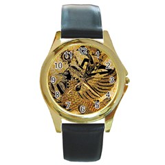 Golden Colorful The Beautiful Of Art Indonesian Batik Pattern Round Gold Metal Watch by Sapixe