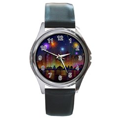 Happy Birthday Independence Day Celebration In New York City Night Fireworks Us Round Metal Watch by Sapixe