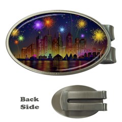 Happy Birthday Independence Day Celebration In New York City Night Fireworks Us Money Clips (oval)  by Sapixe