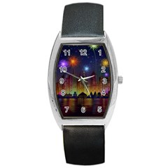 Happy Birthday Independence Day Celebration In New York City Night Fireworks Us Barrel Style Metal Watch by Sapixe