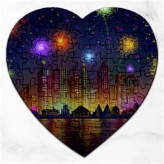 Happy Birthday Independence Day Celebration In New York City Night Fireworks Us Jigsaw Puzzle (heart) by Sapixe