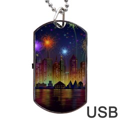 Happy Birthday Independence Day Celebration In New York City Night Fireworks Us Dog Tag Usb Flash (one Side) by Sapixe