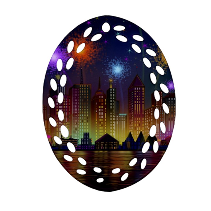 Happy Birthday Independence Day Celebration In New York City Night Fireworks Us Ornament (Oval Filigree)