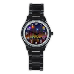 Happy Birthday Independence Day Celebration In New York City Night Fireworks Us Stainless Steel Round Watch by Sapixe